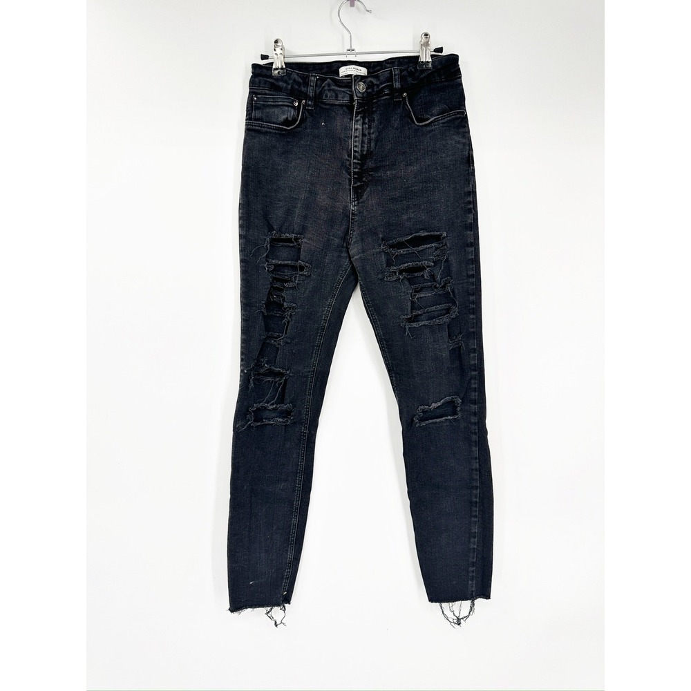 Zara Black Distressed Ripped Denim High‎ Rise Skinny Jeans Size 8